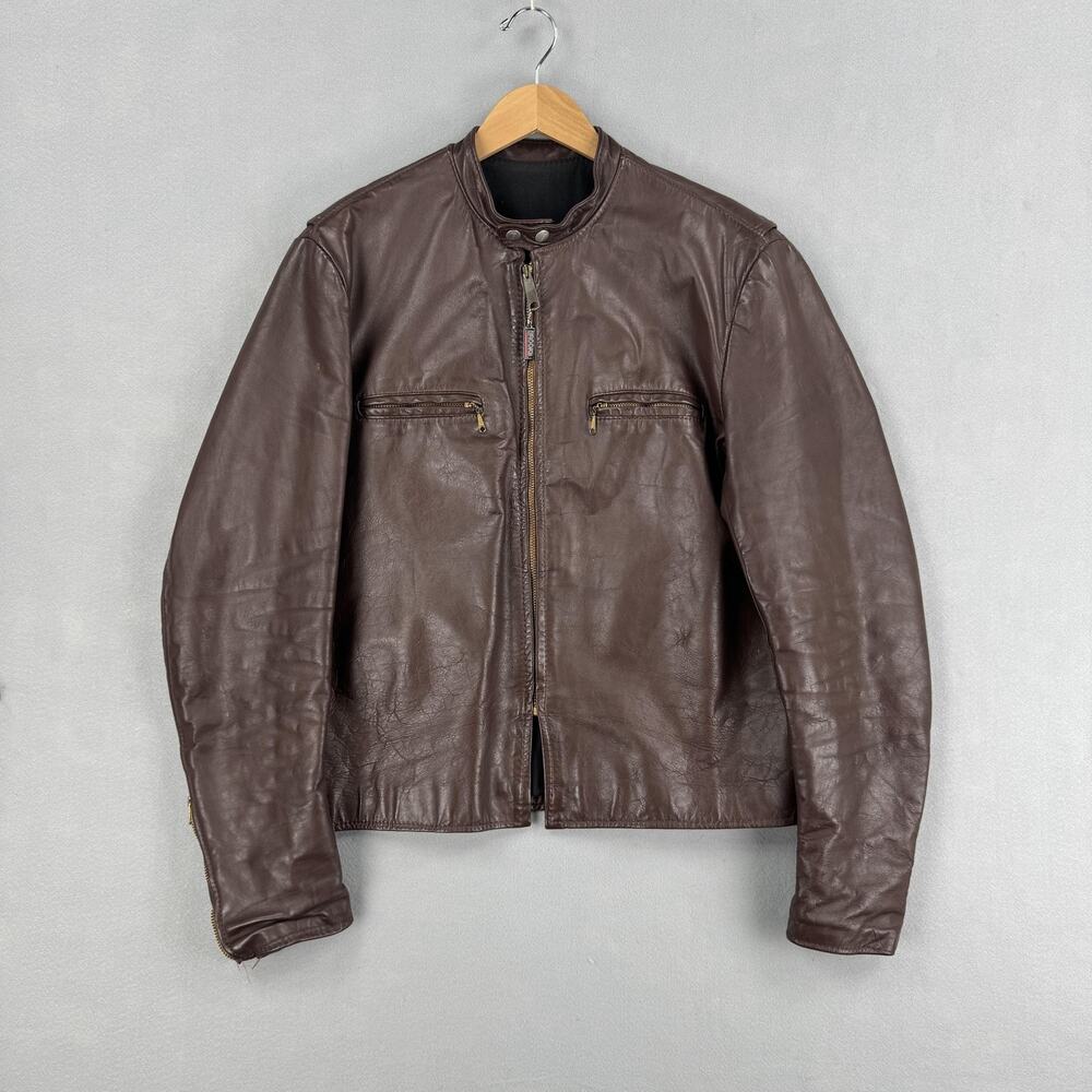 Vintage Brooks Jacket Mens Large Brown Leather Motorcycle Cafe Racer Zip Front